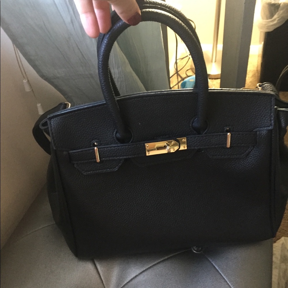 Black faux leather tote bag